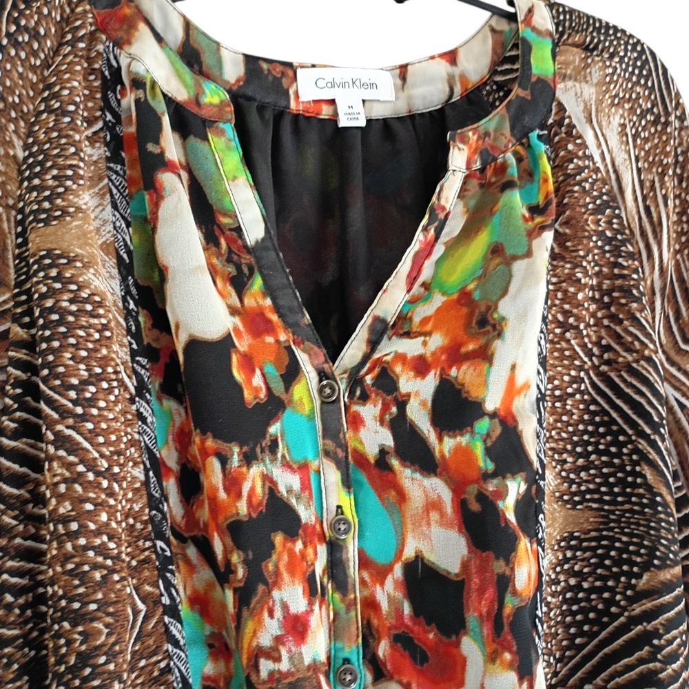 Calvin Klein Blouse Women M‎ Multicolor Abstract Chiffon Tunic Button 3/4 Sleeve - Picture 2 of 9